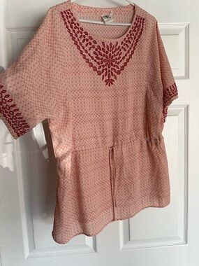 Anthropologie Light Pink Embroidered Drawstring Tunic